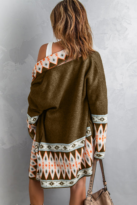 Aztec Print Open Front Knitted Cardigan