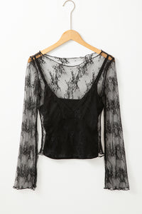 Lace Mesh Crochet Splicing Slim Fit Long Sleeve Blouse