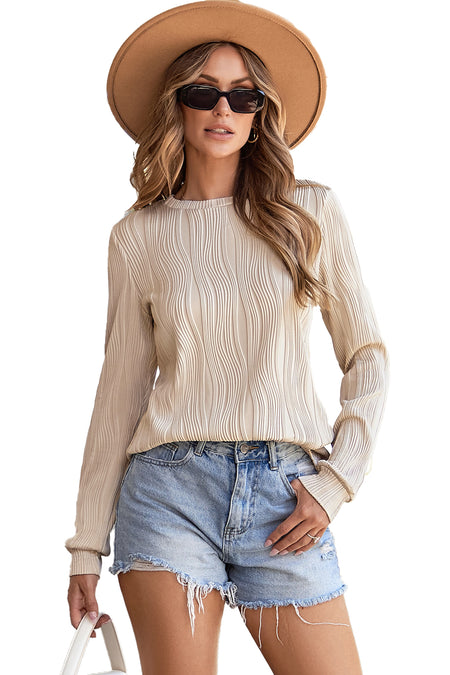 Textured Wavy Round Neck Long Sleeve Top