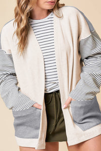 Stripe Colorblock Patchwork Open Front Cardigan with Pocket