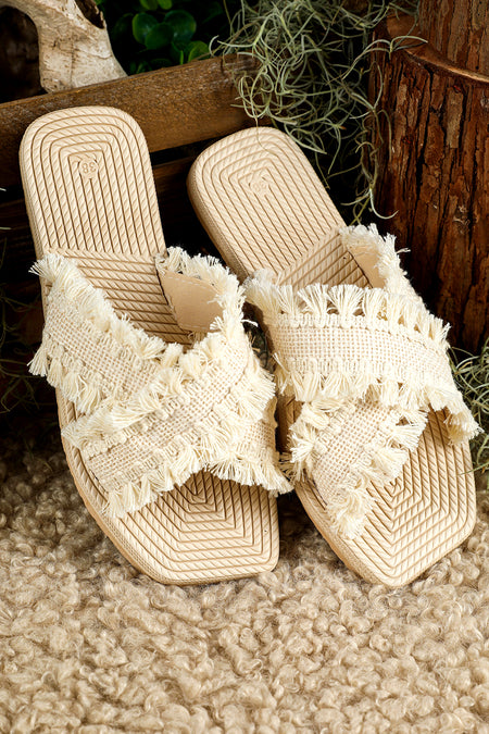 Tassel Woven Crossed Straps Flat Slippers