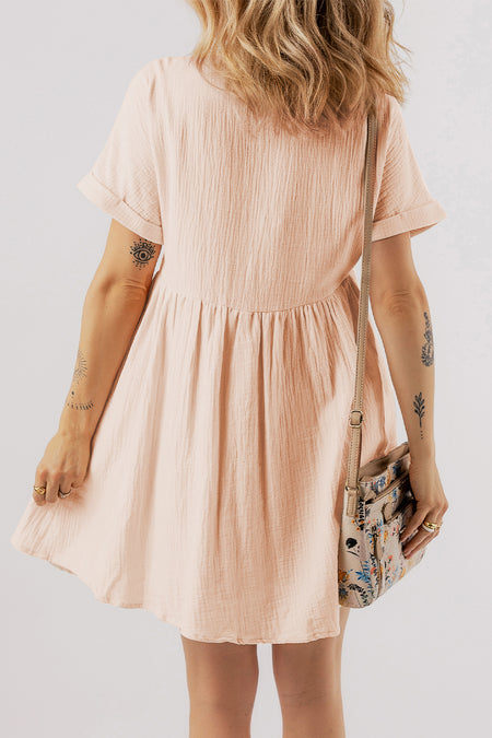 Folded Short Sleeve Lace V Neck Mini Dress