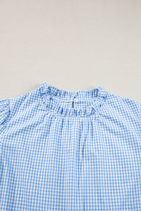Gingham Floral Embroidered Puff Sleeve Blouse