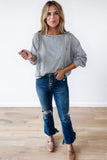 Waffle Patchwork Long Sleeve Raw Hem Pullover Top