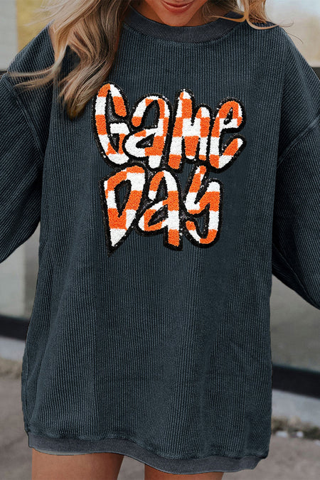 Chenille Checkered Game Day Graphic Drop Shoulder Corded Sweatshirt