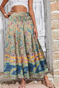 Boho Floral & Paisley Print Shirred Waist Long Skirt