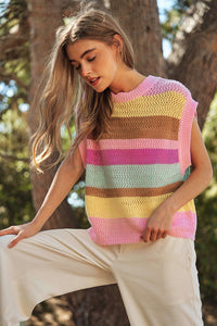 Stripe Crochet Cap Sleeve Loose Fit Sweater T Shirt
