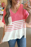 Contrast Stripes V Neck Knitted Short Sleeve Top