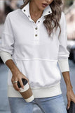 White Ribbed Hem Snap Button Neckline Sweatshirt with Pocket