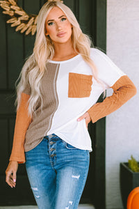 Long Sleeve Colorblock Chest Pocket Textured Knit Top