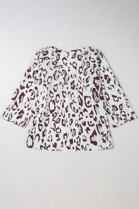 Leopard Print Ruched V Neck 3/4 Sleeve Blouse