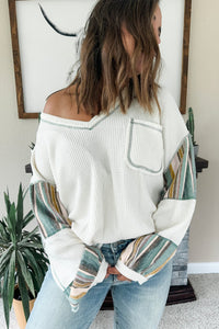 Striped Patchwork Exposed Seam Waffle Knit Top