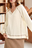 Exposed Seam Textured Knit V Neck Pullover Top