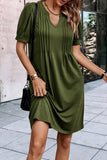 Notched Neck Pleated Puff Sleeve Shift T-shirt Dress