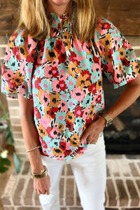 Frilled High Neck Buttons Back Floral Blouse