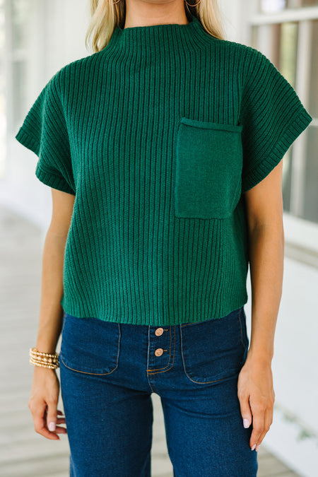 Patch Pocket Ribbed Knit Short Sleeve Sweater