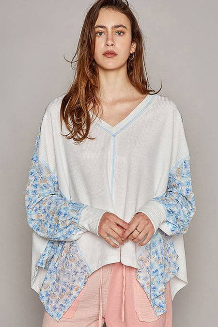 Abstract Floral Patchwork Batwing Sleeve V Neck Blouse