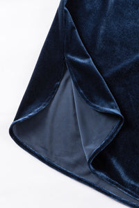 Navy Blue Frilled Neck Buttoned Front Velvet Top