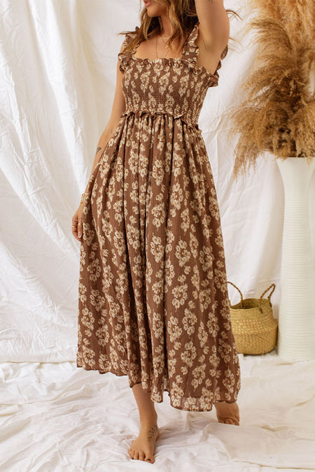 Ruffled Straps Smocked Floral Maxi Dress