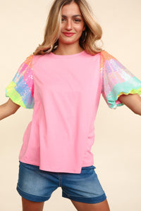 Sequin Colorblock Striped Puff Sleeve Top