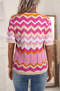 Stripe Chevron Pointelle Knit V Neck Short Sleeve Sweater