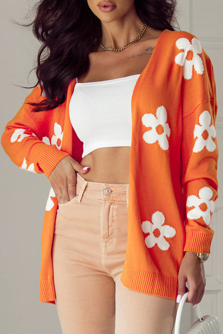 Floral Knitted Open Front Loose Cardigan