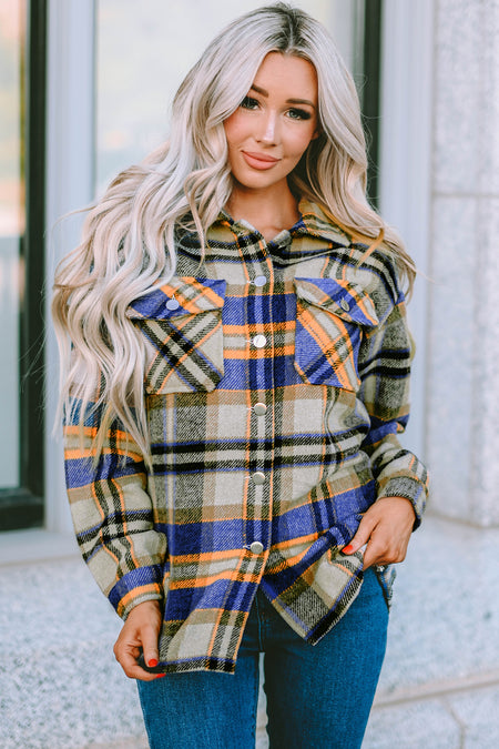 Geometric Plaid Print Pocketed Shacket