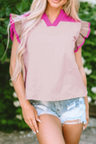 Pink Colorblock Ruffled Sleeve Frill V Neck Blouse