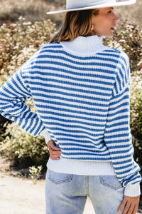 Stripe Zip up Collar Drop Shoulder Sweater