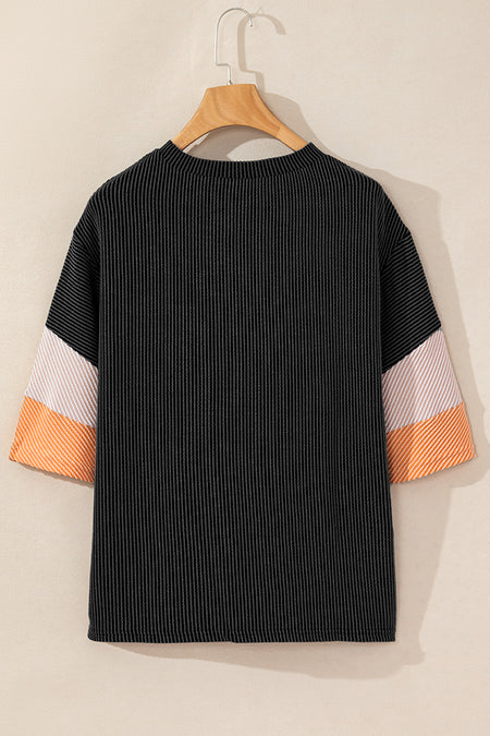 Color Block Ribbed Knit Quarter Sleeve Top