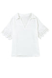 Crinkled Lace Splicing Sleeve Collared V Neck Blouse