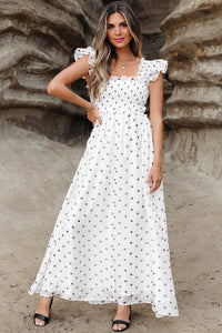 Polka Dot Flutter Sleeve Square Neck Smocked Maxi Dress