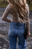 Leopard Print Long Sleeve Scoop Neck Slim Fit Bodysuit