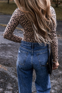 Leopard Print Long Sleeve Scoop Neck Slim Fit Bodysuit