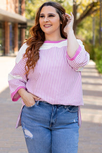 Stripe Patchwork Bracelet Sleeve Plus Size T Shirt