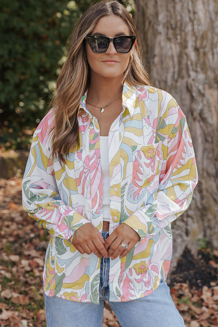 Multicolor Abstract Printed Turn-Down Collar Loose Shirt
