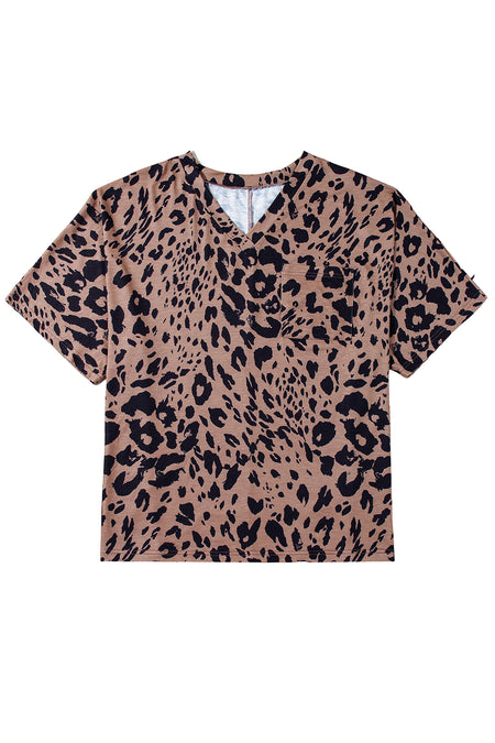 V Neck Half Sleeve Oversized Leopard Tee