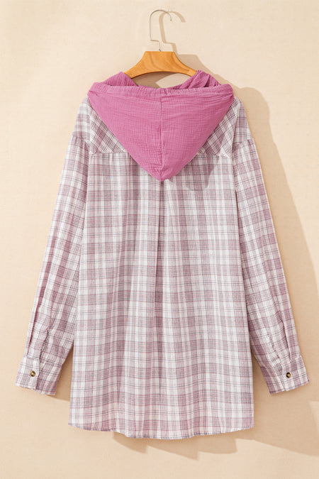 Plaid Print Drawstring Hooded Button-up Plus Size Shirt