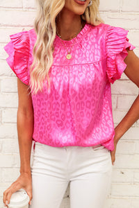 Leopard Print Pleated Tiered Ruffled Sleeve Blouse