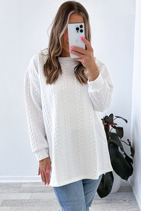 Cable Textured Long Sleeve Round Neck Top