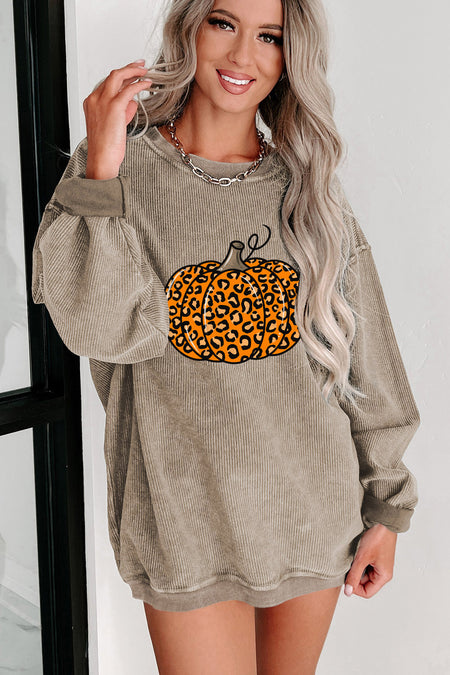 Halloween Leopard Pumpkin Graphic Corded Sweatshirt