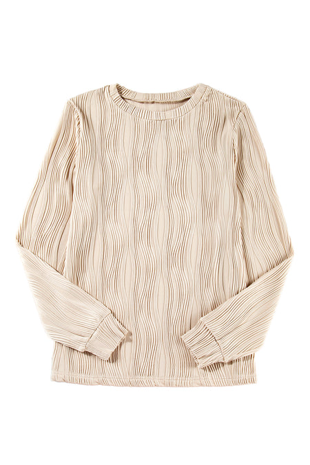 Textured Wavy Round Neck Long Sleeve Top