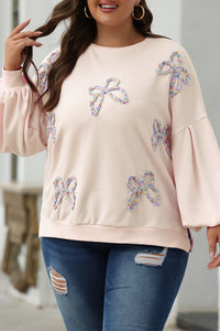 Embroidered Bow Lantern Sleeve Oversized Pullover Sweatshirt