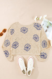 Flower Print Eyelet Drop Shoulder Sweater