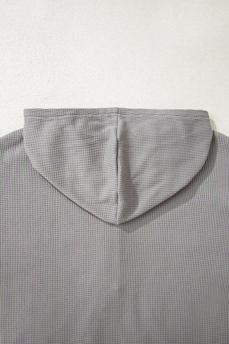 Gray Waffle Printed Patchwork Drawstring Hooded Long Sleeve Top