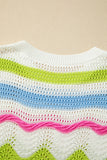 Colorblock Crochet Knit Ruffled Short Sleeve Sweater Top
