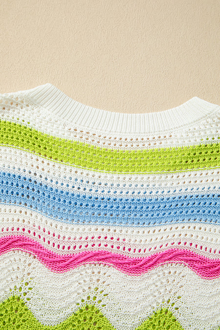 Colorblock Crochet Knit Ruffled Short Sleeve Sweater Top