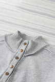 White Ribbed Hem Snap Button Neckline Sweatshirt with Pocket