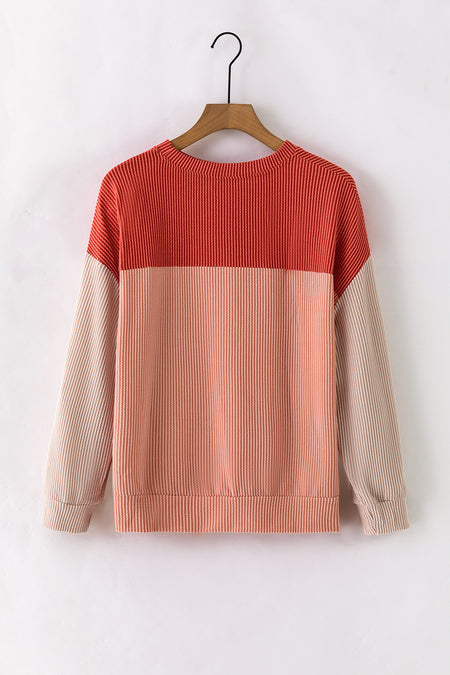 Color Block Long Sleeve Ribbed Loose Top