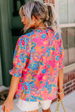 Frilly Mock Neck Short Puff Sleeve Floral Blouse